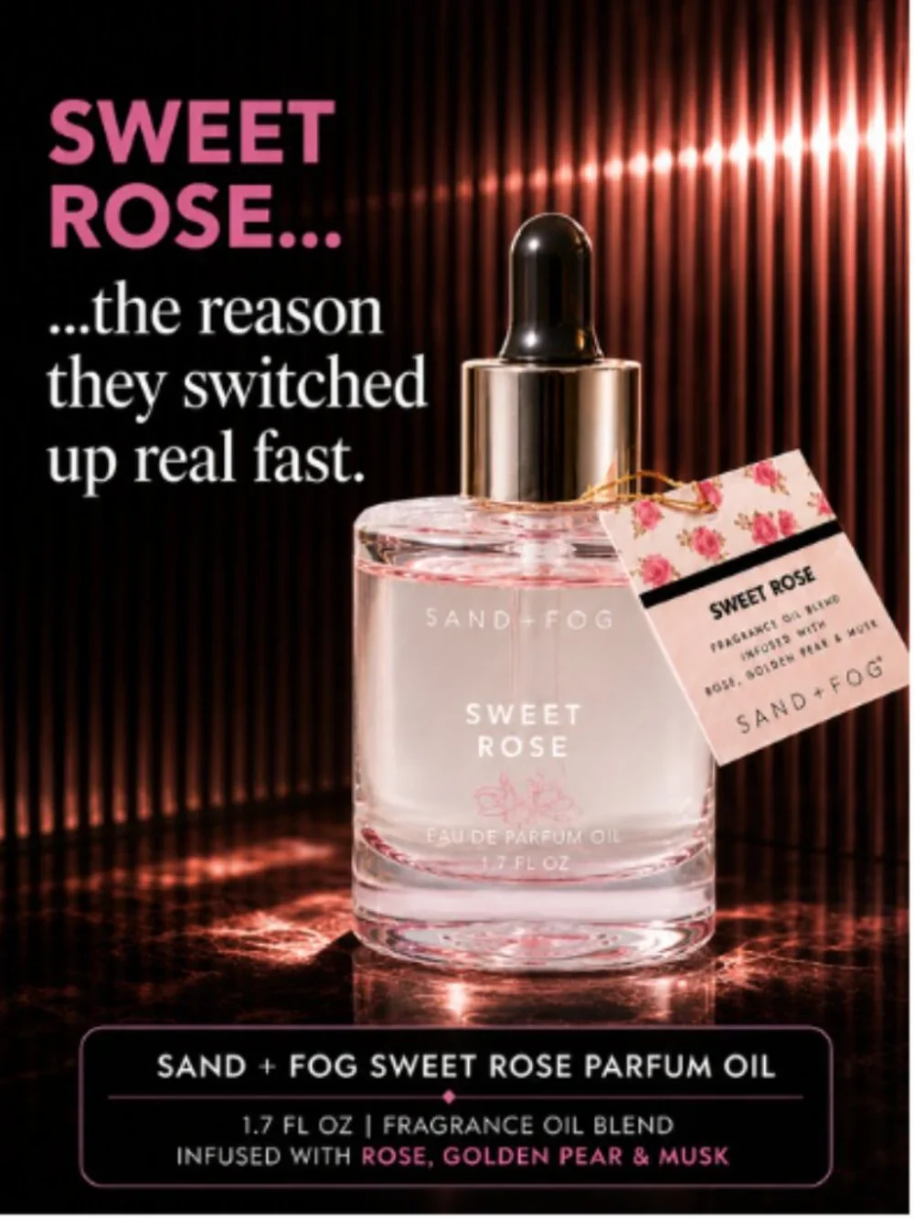 Sweet Rose | You're on Their Mind | Sand + Fog Parfum Oil 1.7 oz Rose Pear Musk